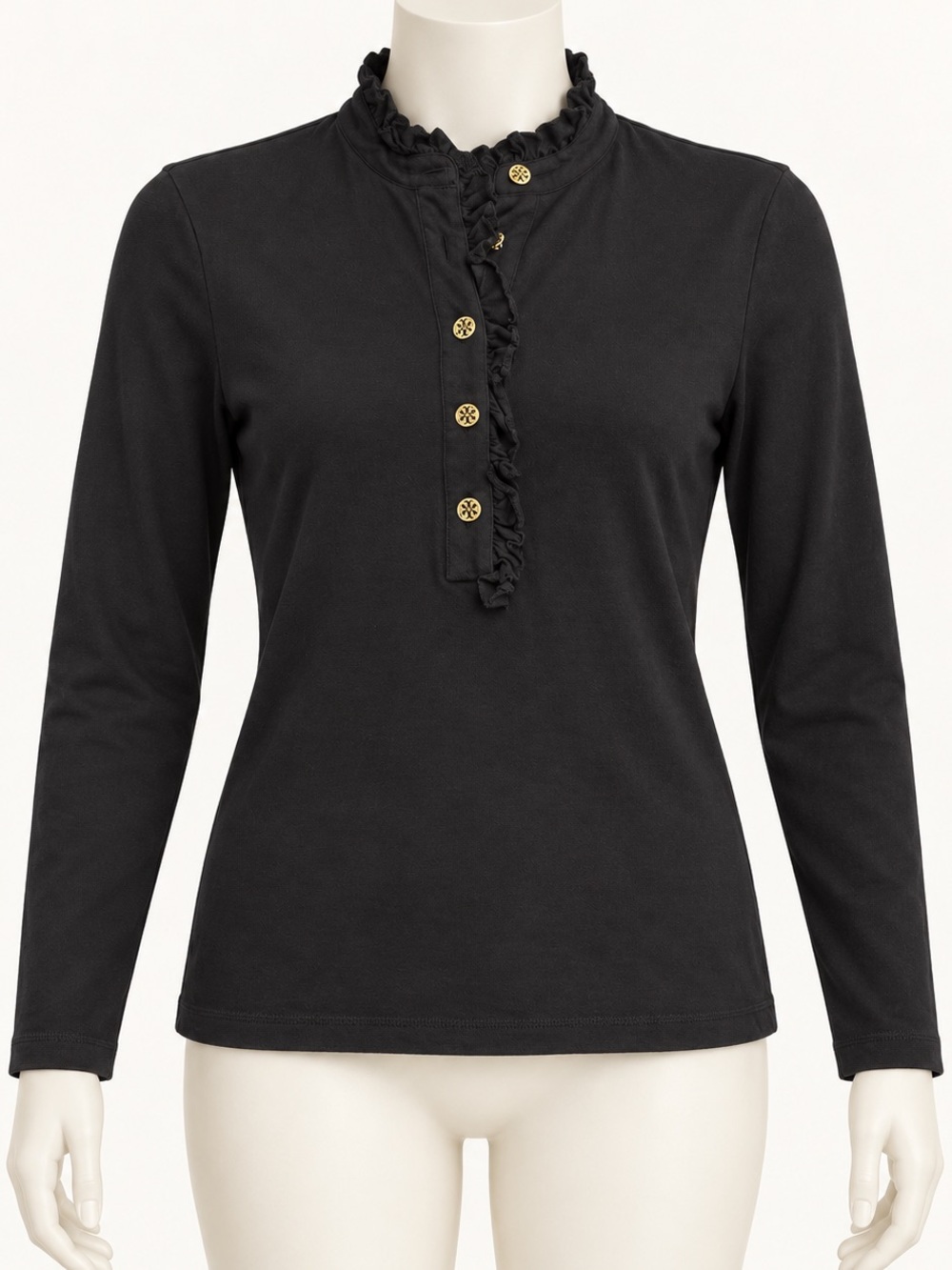 Tory Burch Black Ruffle-Trim Long Sleeve Top with Gold Buttons